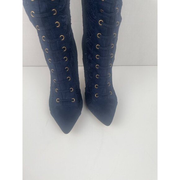 Knee-High Navy Blue Lace-Up High Boots Sz 7 Stiletto & Side Zipper Goth Witchy - Picture 7 of 16